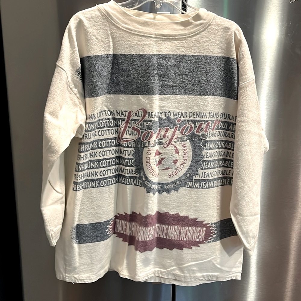 90s Bonjour off white pullover COTTON CANVAS SPELLOUT SHIRT beach preppy 90s men